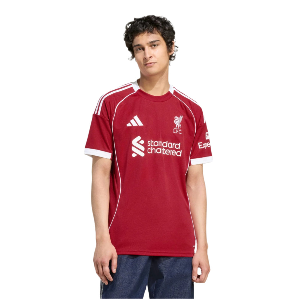 adidas Men's Liverpool Home Jersey 25/26 w/ NRFR + EPL Champions Patch (Strawberry Red)