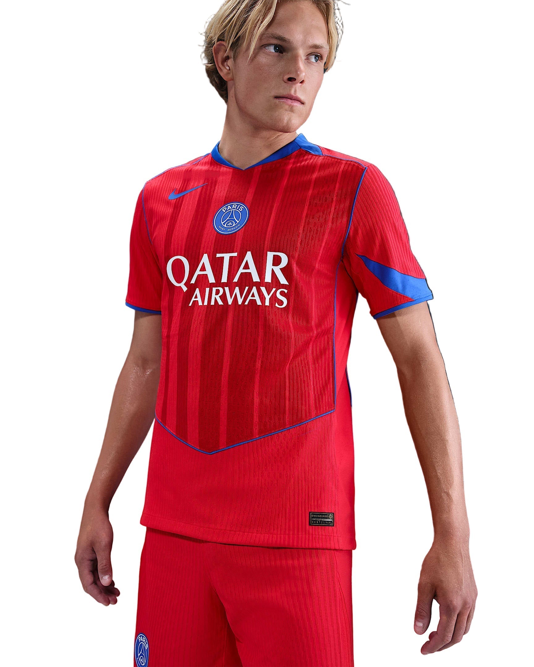 Nike Men's Paris Saint-Germain Authentic Désiré Doué Third Jersey w/ Champions League Patches 25/26 (Sport Red/Hyper Royal)