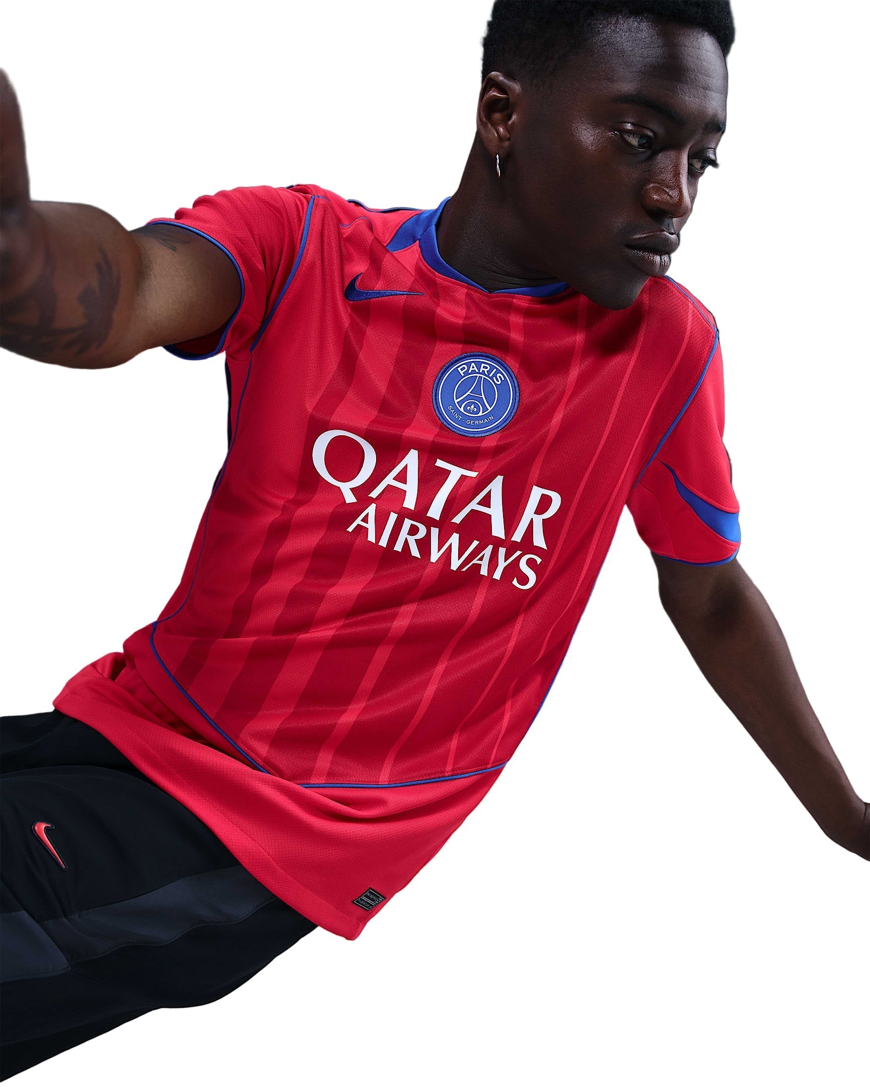 Nike Men's Paris Saint-Germain T90 Third Jersey w/ Champions League Patches 25/26 (Sport Red/Hyper Royal)