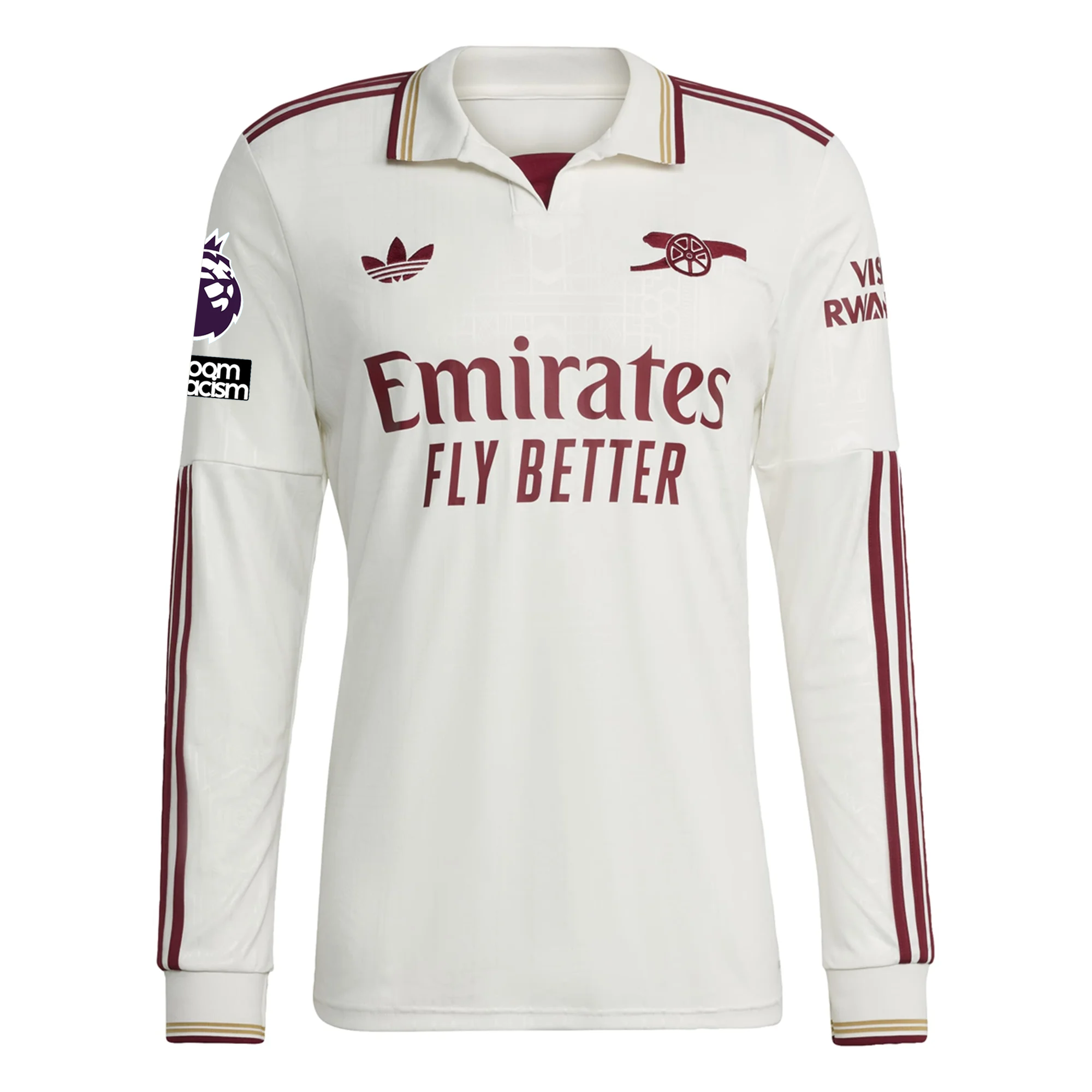 adidas Arsenal Martin Ødegaard Third Long Sleeve Jersey w/ EPL + No Room For Racism 25/26 (White/Burgundy)