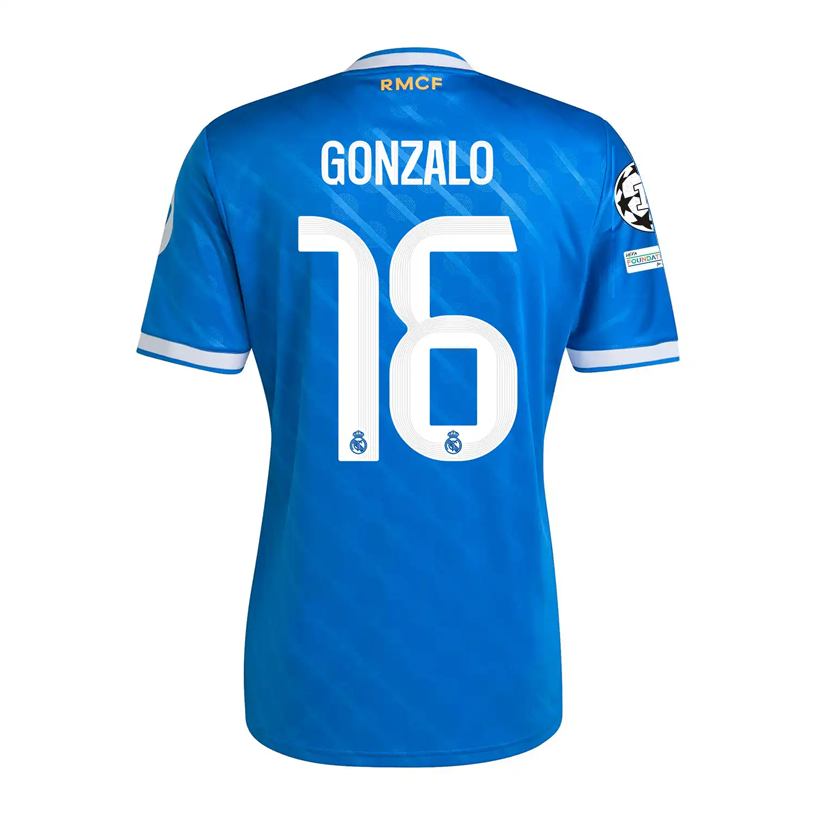 adidas Gonzalo Men's Real Madrid Third Jersey 25/26 w/ Champions League Patches (Blue/White)